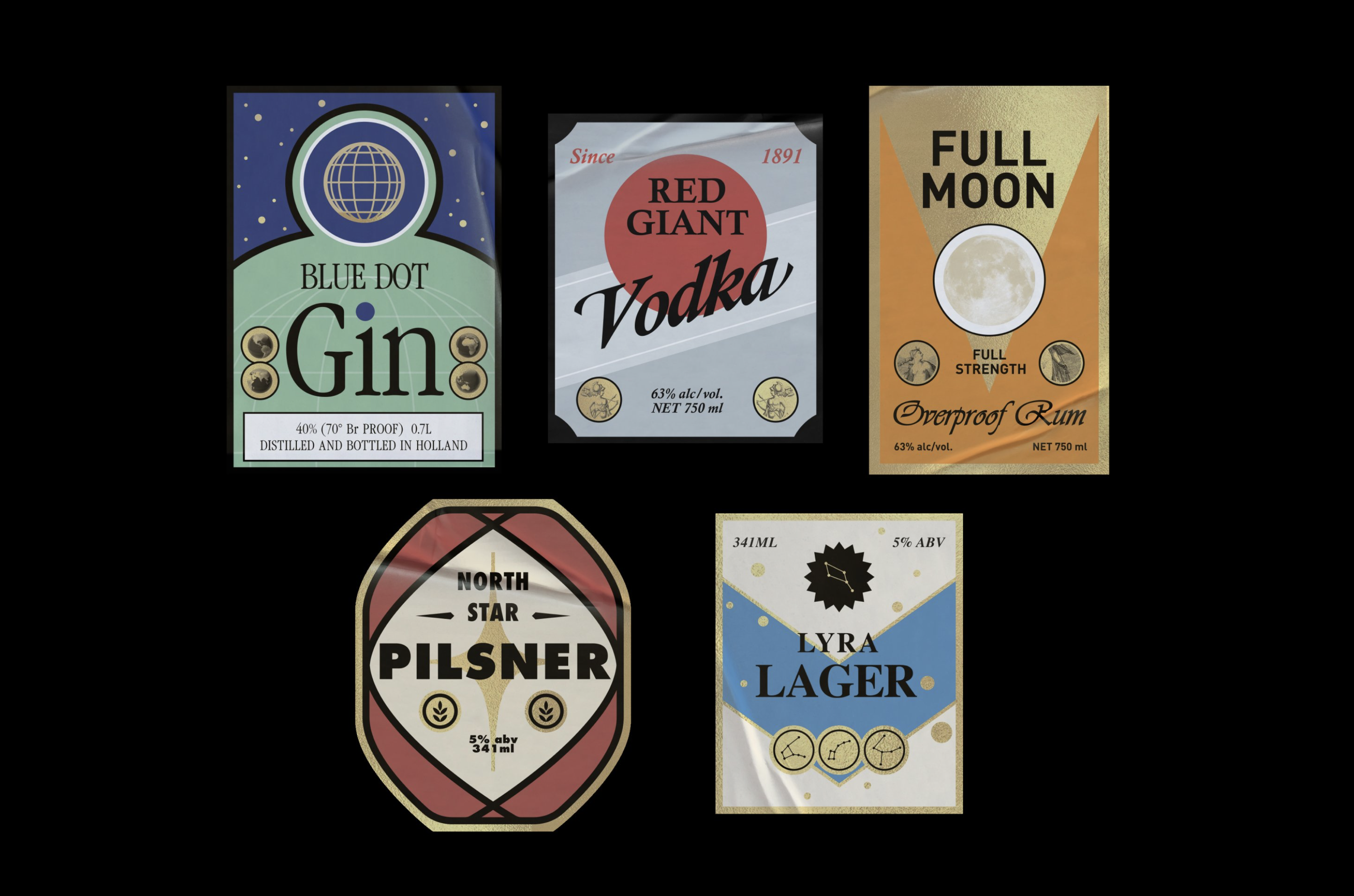 Liquor and beer labels used in the bar